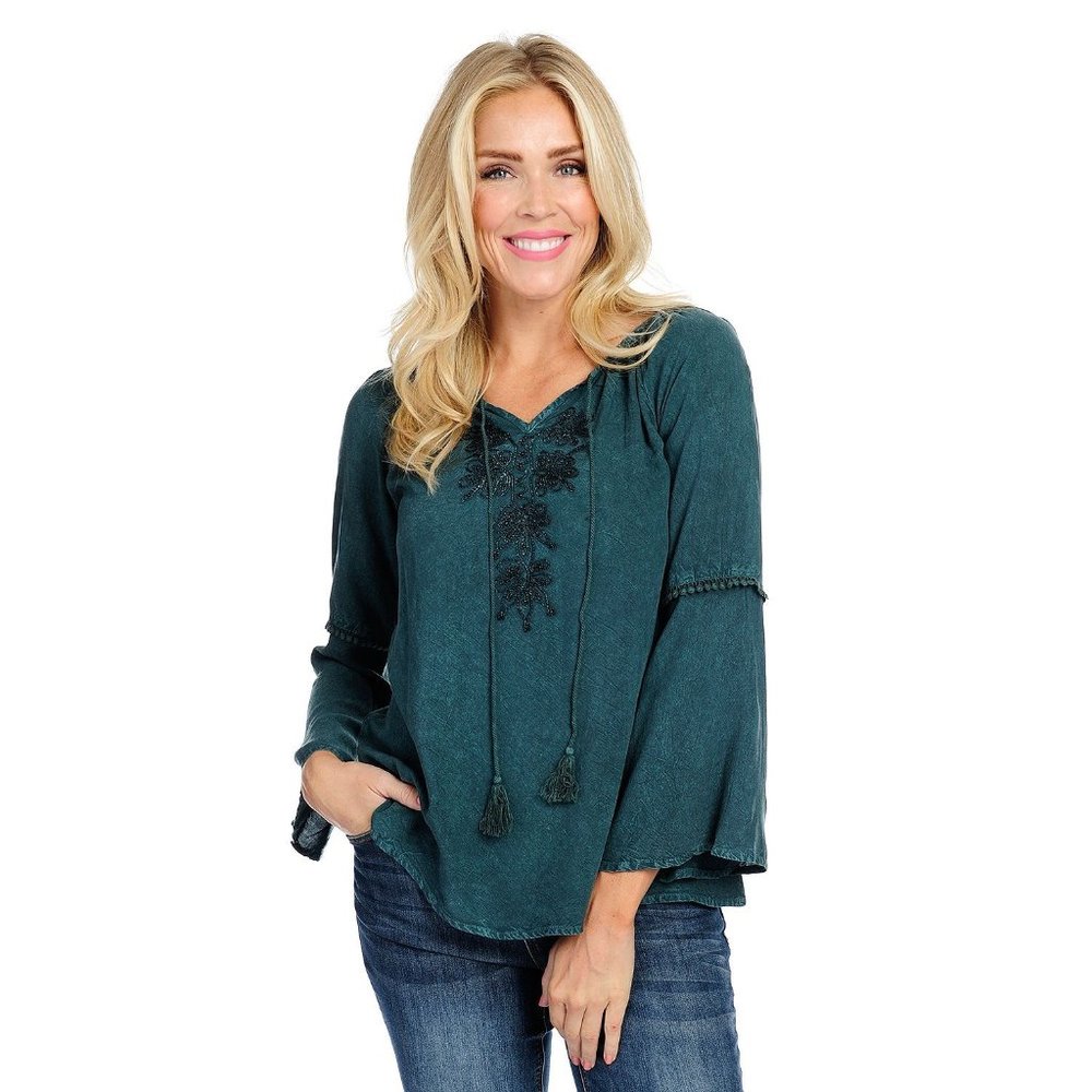 2X Teal Green Embroidery Tunic Top with Tassel